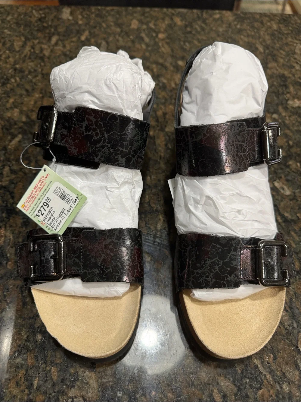 Mephisto WomensDouble Buckle Sandals in Metallic Black-Burgundy Crackle NEW